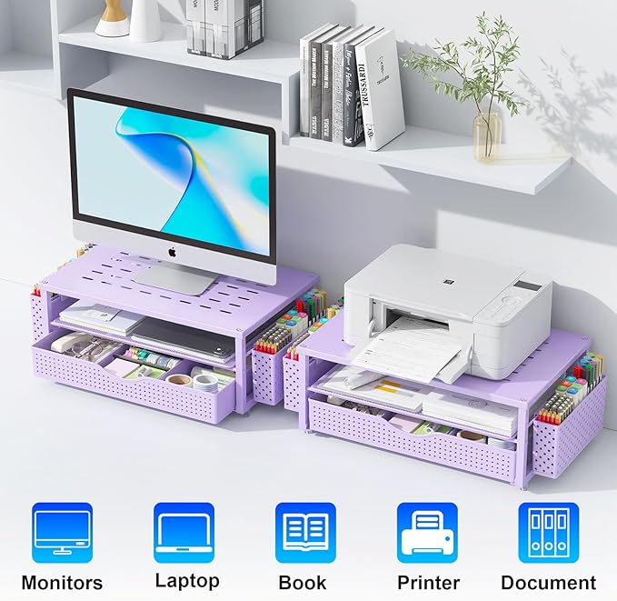 gianotter Desk Organizers and Accessories, Monitor Stand with Drawer and 2 Pen Holder, Purple Desk Accessories, Computer Stand Suitable for Offices and Dormitories (Purple)