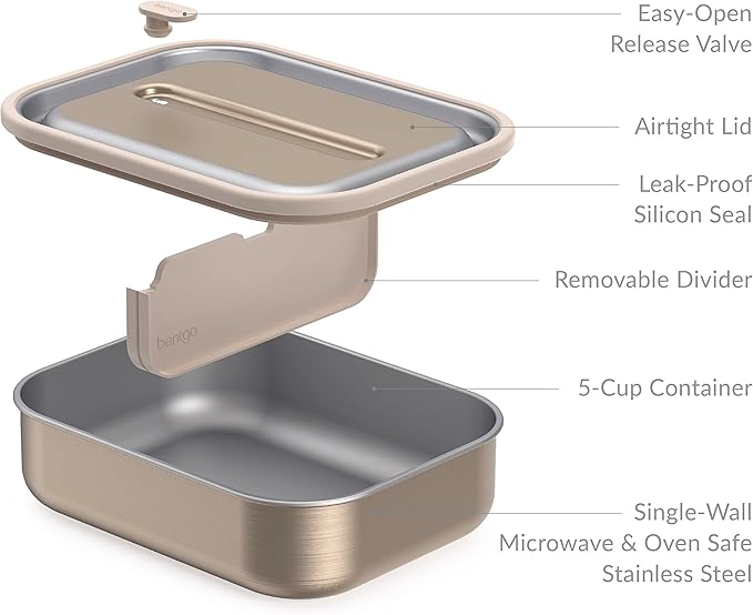 Bentgo MicroSteel Leak-Proof Lunch Box - Microwave-Safe, Oven-Safe, Bento-Style Container with Removable Divider, Airtight Lid, Sustainable Design, Odor & Stain Resistant (Gold)