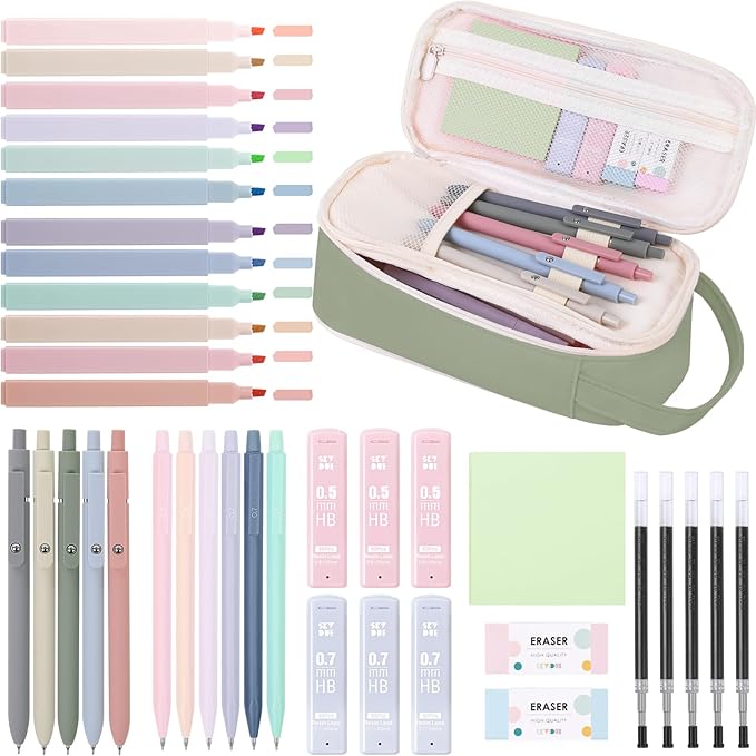 SKYDUE Cute School Supplies 38 PCS, Pencil Case with 12 Pastel Highlighters, 5 Black Gel Pens, Mechanical Pencils, College Essentials Students Stationary Set Green