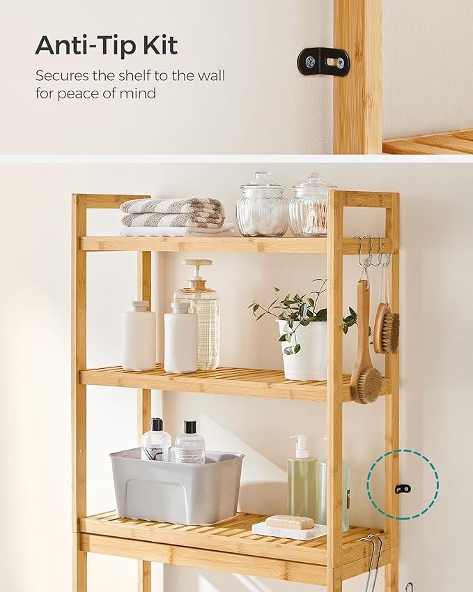 SONGMICS Over The Toilet Storage, 3-Tier Over Toilet Bathroom Organizer with Adjustable Shelf, 10.2 x 24.8 x 66.9 Inches, Space-Saving, Natural Beige UBTS001N01
