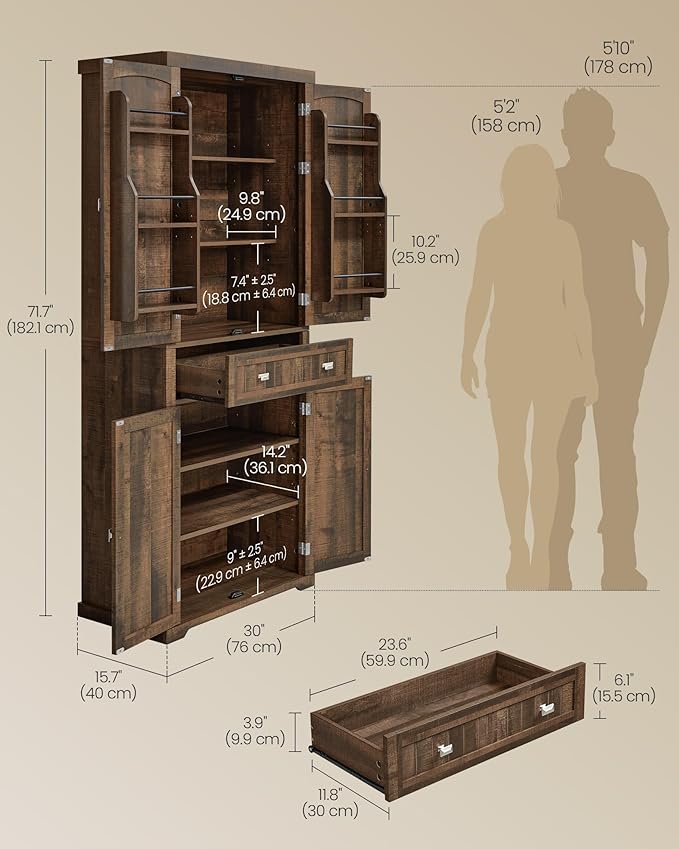 VASAGLE Pantry Cabinet, 15.7 x 30 x 71.7 Inches, Freestanding Tall Cupboard Storage Cabinet with a Drawer, 2 Cabinets, 6 Adjustable Shelves, for Living Room, Kitchen, Deep Brown UBBK561K01
