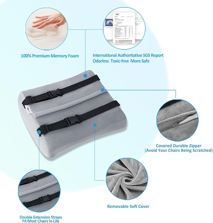 SAIREIDER Lumbar Pillow, Memory Foam Office Chair Back Support Pillows Back Pain Relief Improve Posture, Lumbar Support Pillow for Car、Gaming Chair、 Home Chair, Double Adjustable Straps(Grey)