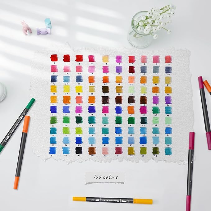 Ohuhu Markers for Adult Coloring Books No Bleeding 100 Colors Coloring Markers Water-based Dual Tips Fineliner & Brush Drawing Pens Art Pens for Kids Adults Sketch Journal - Maui - Black