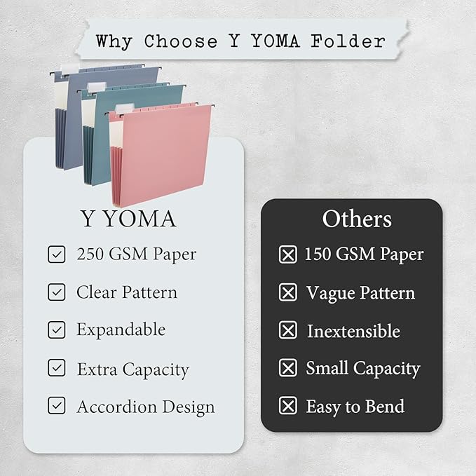 Y YOMA Letter Size - 6 Pack Extra Capacity Hanging File Folders Accordion Decorative Reinforced File Folder Cute Colored Expandable Folder for Office Home with 1/5-Cut Adjustable Tabs, Teal Blue