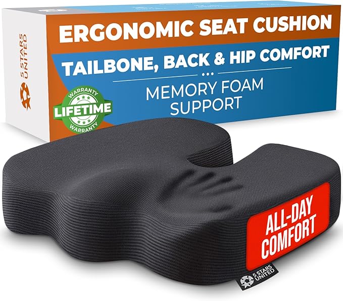 Seat Cushion for Office Chairs - Tailbone, Coccyx Pain Relief - Butt, Pressure & Sciatica Relief - Gaming, Wheelchair, Car & Desk Pillow, Black