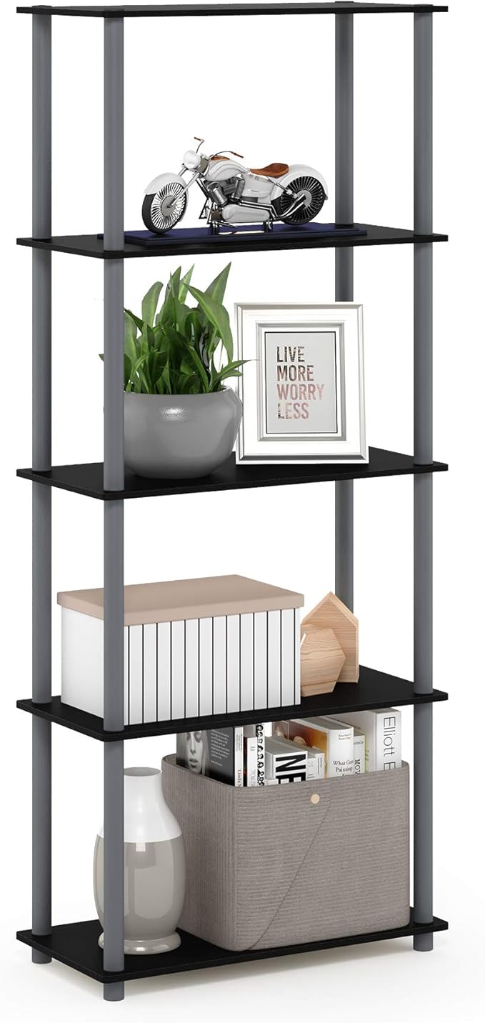 Furinno TURN-N-TUBE Storage Shelves, 5-Tier Book Shelf, Corner Shelf, Toolless Open Shelves, for Organization and Storage, Living Room, Garage, Home Office, Black