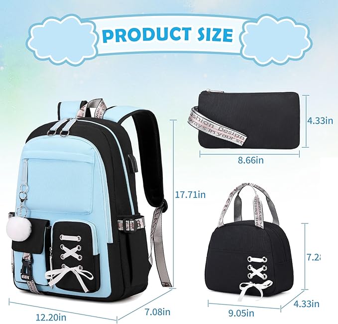 Backpacks for Girls, Girls Backpack with Lunch Box and Pencil Case for Teen Kids Elementary Middle High School College Student, Children Backpack Bookbag with USB Charging Port (Blue)