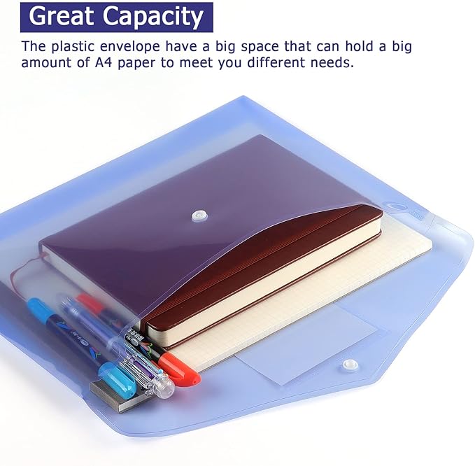 6 Pack Clear Document Folders Plastic Envelopes Poly Envelopes File Envelopes with Label Pocket and Snap Button for Home Work Office Organization, Letter Size/A4 Size (Blue)