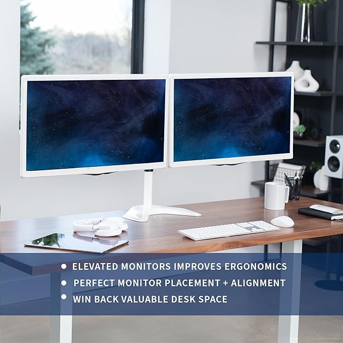 VIVO Dual LED LCD Monitor Mount, Free-Standing Desk Stand for 2 Screens up to 32 Inch, Heavy-Duty Fully Adjustable Arms with Max VESA 100x100mm, White, STAND-V032FW