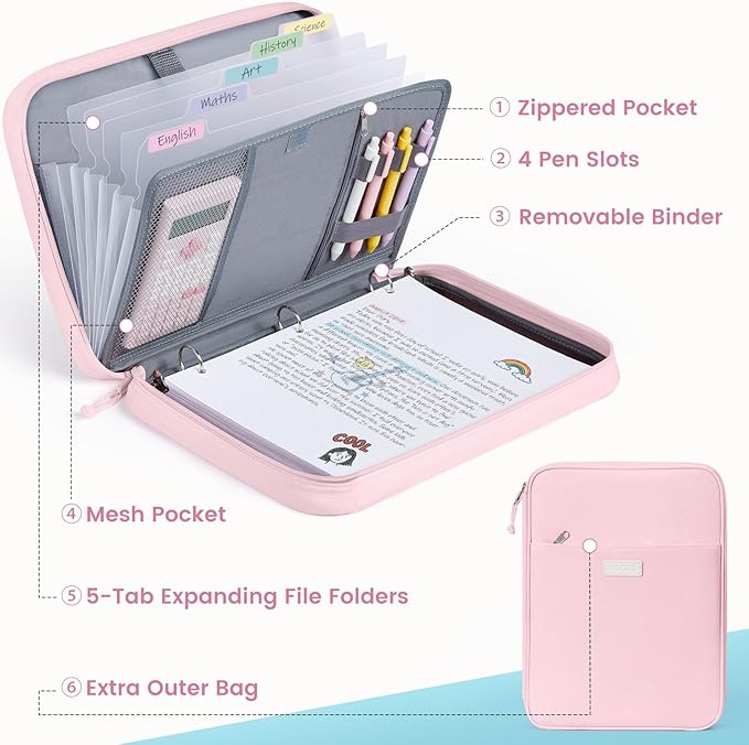 Sooez Zipper Binder Bag, 1 Inch Binders 3 Ring O-Ring, 5-Tab Dividers Expanding File Folder, 420-Sheet Capacity Three Ring Binder, Cute Organizer Storage for Student School Classroom Supplies, Purple