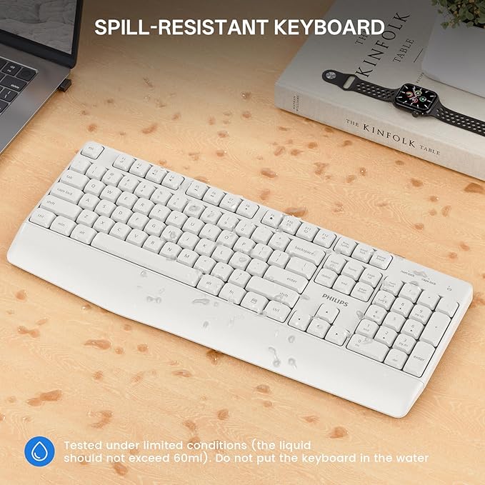 PHILIPS Wireless Keyboard and Mouse Combo-Ergonomic Keyboard and Mouse Wireless Combo with Silent Design,Plug n' Play,Sleep Mode and 2.4GHz Keyboard for Mac, Windows, Laptop-White