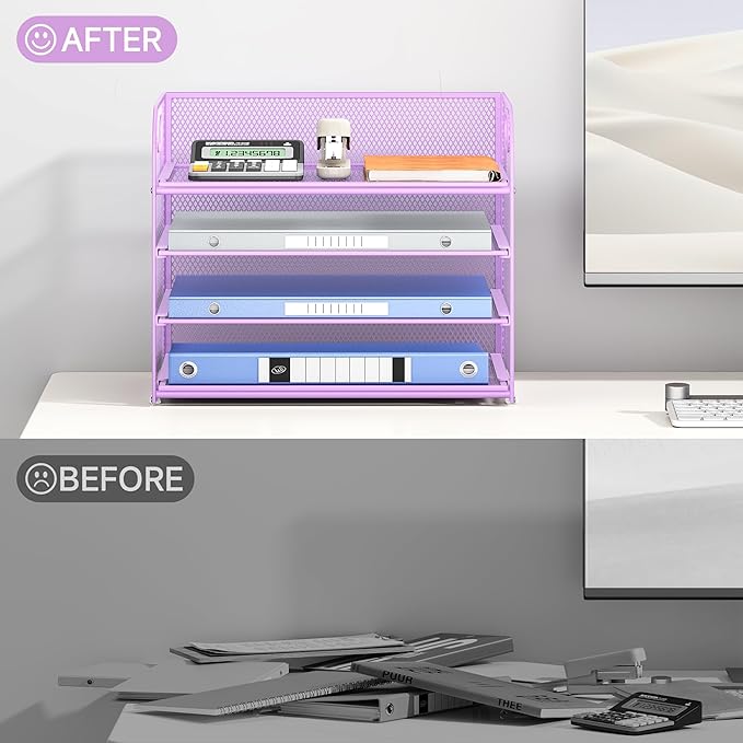 Lavatino 4-Tier Paper Organizer Trays - Purple Mesh File Folder Sorter with Handles, Desk Letter Holder Organizer for Office, Home, School Supplies Storage & Organization
