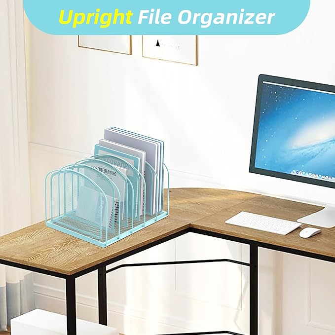 SUPEASY File Organizer 5-Section Mesh Desk Organizer, Upright File Organizer Desktop Organizer File Sorter, File Folder Holder for Office Supplies, Blue