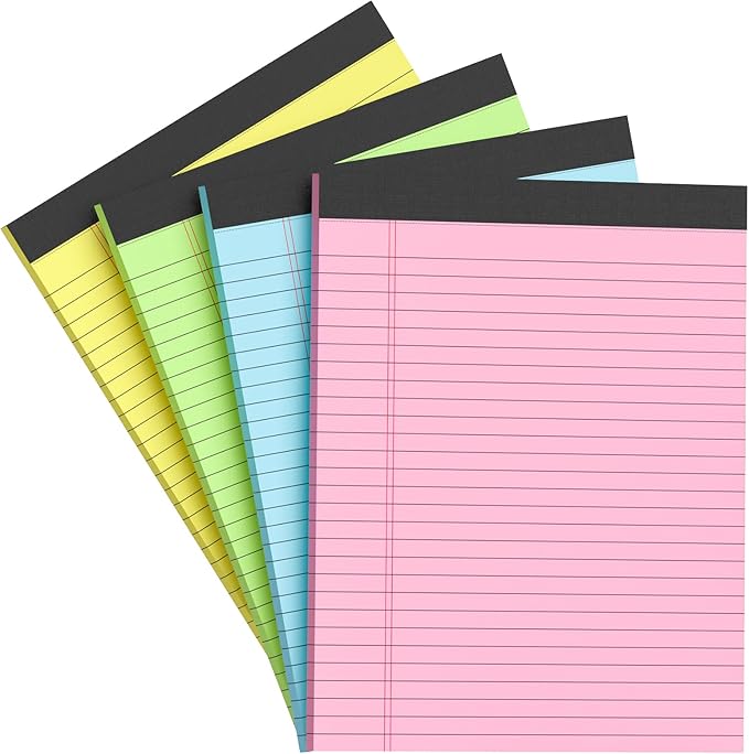 Colored Legal Pads 8.5 x 11 Note Pads 8.5x11 inch, Wide Ruled Clear Print Writing Pads 30 Sheets/Pad, 20lb Colored Paper, Perforated Notepad with Sturdy Back (4 Pads)