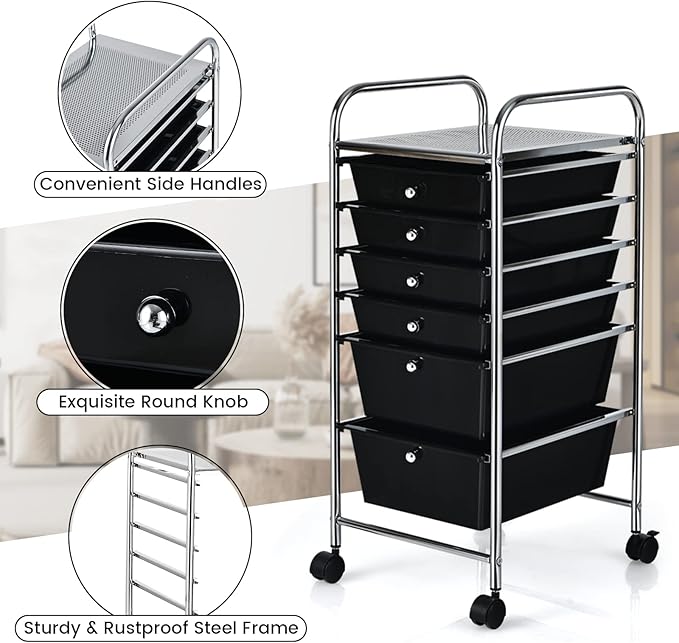 COSTWAY 6-Drawer Rolling Storage Cart, Multifunctional Art Craft Tools Organizer on Wheels, Heavy Duty Utility Mobile Storage Trolley w/ 2 Lockable Wheels for Home Office School (Black)