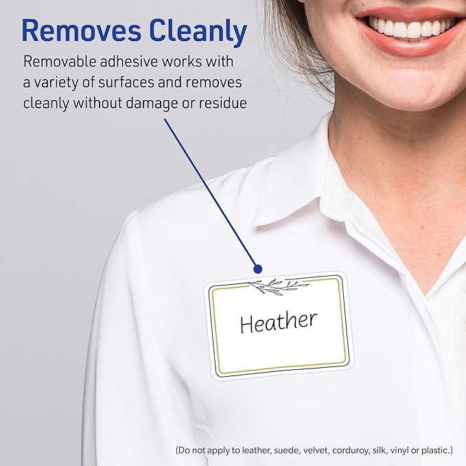 Avery Printable Adhesive Name Tags, 2-1/3" x 3-3/8", Matte White with Gold & Navy Border, Removable, Laser & Inkjet Compatible, 80 Total, Great Name Badges for Weddings & Events