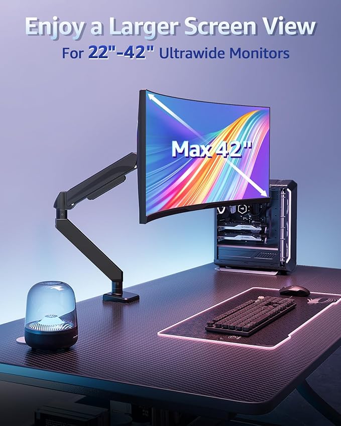 MOUNTUP Heavy Duty Single Monitor Arm for 42 40 39 34 32 27Inch Screens, Monitor Stand for Desk Supports 4.4-33 lbs, Height Adjustable Ultrawide Monitors Mount with C-Clamp & Grommet Base