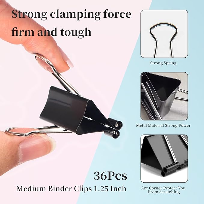Medium Binder Clips, 36 Pack, 1-1/4 Inch, 1.25 Inch, Standard 32mm, Black, Capacity 0.6 Inch, Fold Clamp, Paper Clips, Office and School Supplies