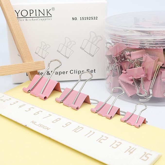 Binder Clip Paper Clamps, Assorted Sizes (Mini, Small, Medium, Large), 100 Pcs Clips for Office School Supplies (Pink)