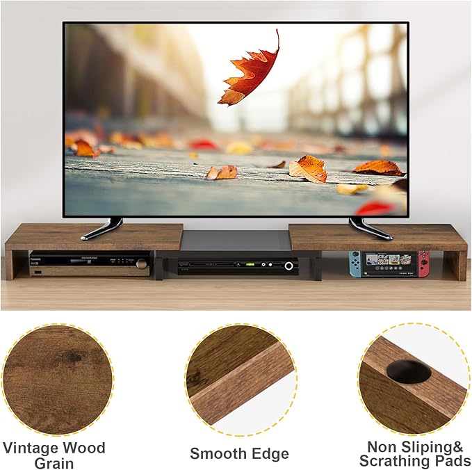 TAVR Dual Monitor Stand Riser, Computer Monitor Stands for 2 Monitors, Extra Long Multifunctional Desktop Organizer Riser for Computer, Laptop, PC, Printer, TV, Max 43.3" Length, Rustic Brown
