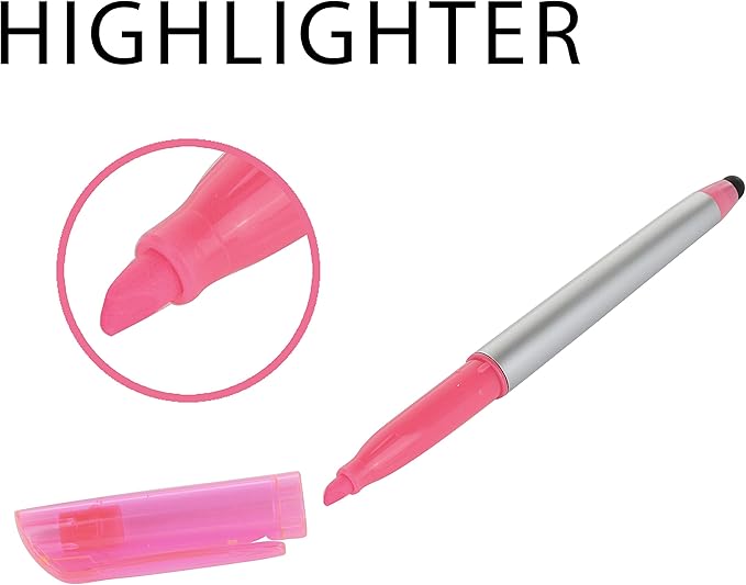 Stylus Ballpoint Pen With Highlighter Tips, 3-1 for Touchscreens, Writing and Highlighting, Bright Colors, Black Ink, Pack of 10