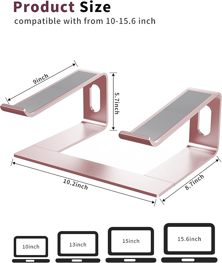 ALASHI Laptop Stand for Desk, Aluminum Computer Riser, Ergonomic Notebook Holder, Detachable Metal Laptops Elevator, PC Cooling Mount Support 10 to 15.6 Inches Notebook, Pink