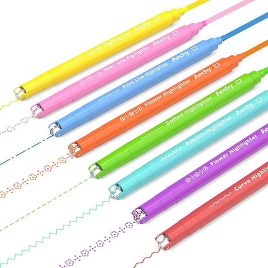AECHY 8PCS Curve Highlighter Pen Set, Dual Tip Marker Pens with 6 Different Curve Shapes & 8 Colors Mark Lines, Aesthetic Curve Marker Highlighter for Journal Planner School Supplies