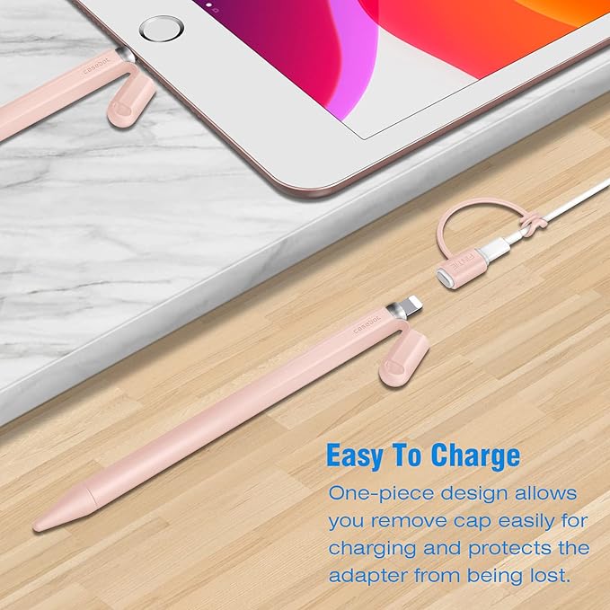 Fintie Silicone Sleeve Compatible with Apple Pencil 1st Generation, Ultra Light Pen Skin Case Cover Soft Protective Pencil Grip Holder with 2 Nib Covers & Cable Adapter Tether, Pink Sand