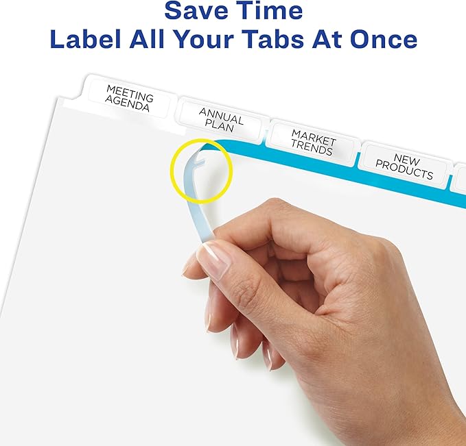 Avery 5 Big Tab Dividers for 3 Ring Binder, Easy Print & Apply Clear Label Strip, Index Maker Customizable White Tabs, 1 Set (11490)