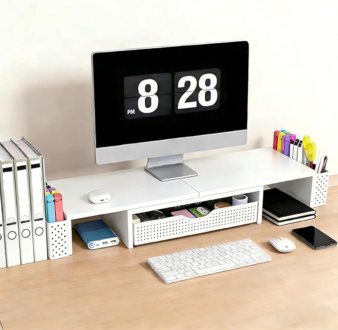 Spacrea Metal Desk Organizers and Accessories, Dual Monitor Stand Riser with Drawer and 2 Pen Holders, Desk Accessories & Workspace Desktop Organizers for Office Supplies (White)