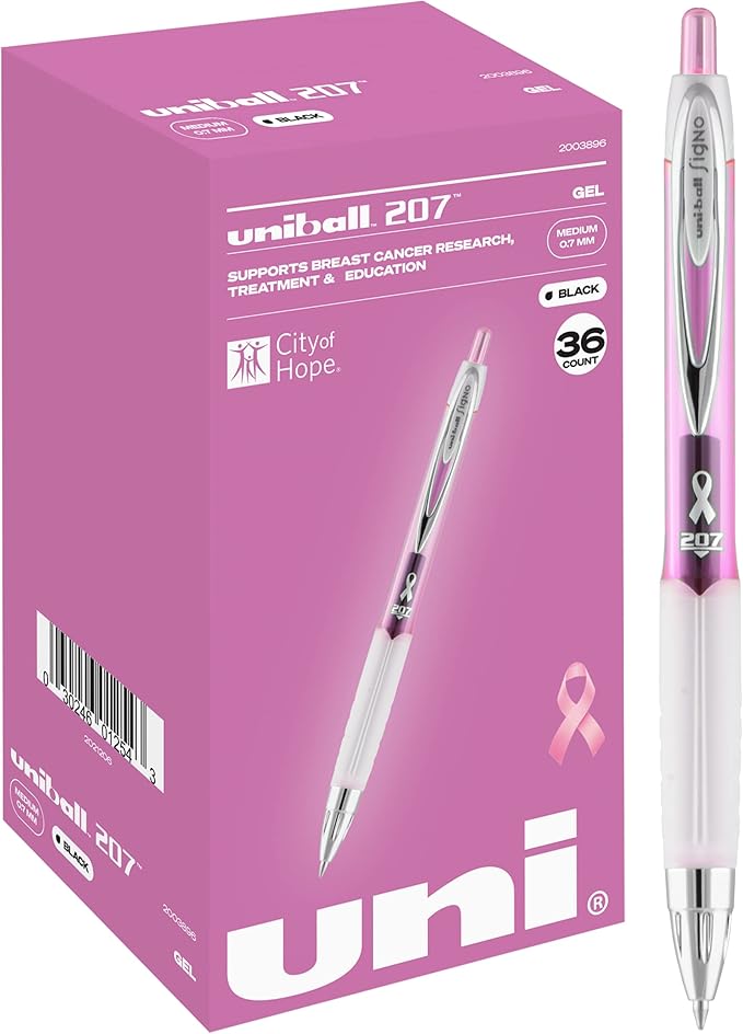 uniball 207 Pink Ribbon Retractable Gel Pens, Medium Point (0.7mm), Black, 36 Pack