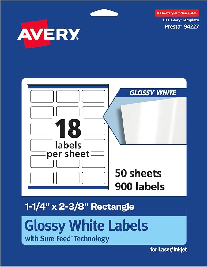 Avery Glossy White Rectangle Labels, Sure Feed Technology, 1-1/4" x 2-3/8", 900 Glossy White Labels, Print-to-The-Edge, Permanent Adhesive, Laser/Inkjet Printable