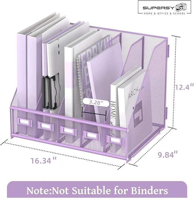 SUPEASY Desk Organizers Metal Desk Magazine File Holder with 5 Vertical Compartments Rack File Organizer for Office Desktop, Home Workspace, Purple