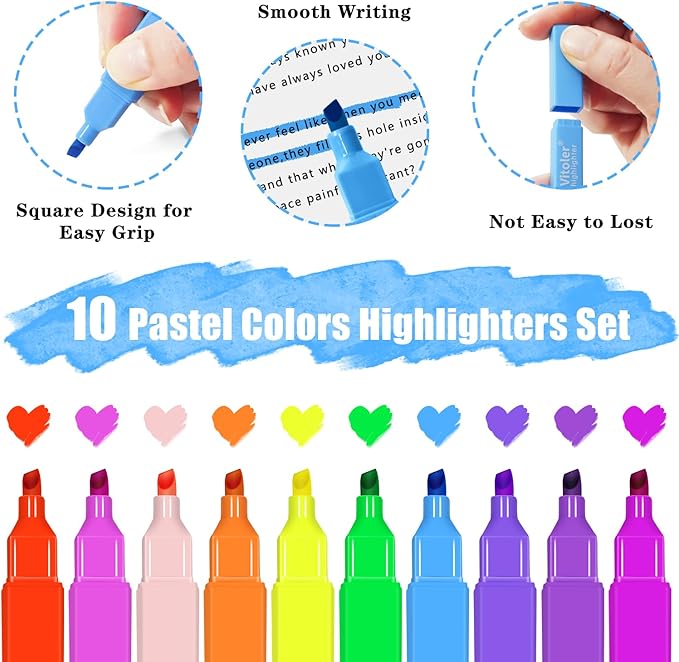Aesthetic Highlighters,10 pcs, Chisel Tip, Vibrant Colors,Pastel Highlighters Assorted Colors, Bulk Highlighte for Bible Journaling Planner Notes School Supplies