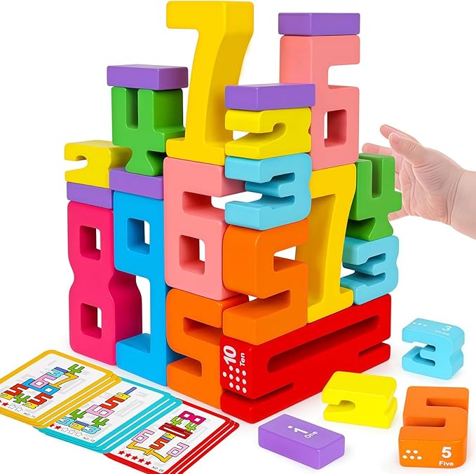 Montessori Wooden Number Building Blocks Toys for Toddlers Kids Stacking Number Blocks 1-10 Preschool Math Learning Educational Toys for 3 4 5 Year Old Boys Girls Gifts 3-5 Balance Competition Game