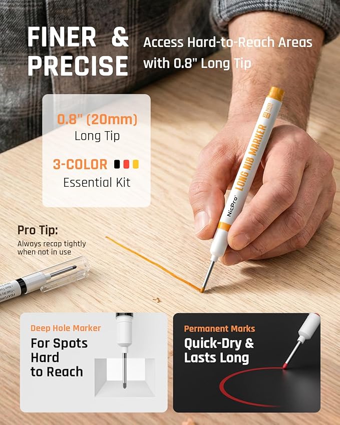 Nicpro 6 Pack CP1000 Carpenter Pencils with Sharpener, Mechanical Pencil Set with 66 Refills, Deep Hole Long Nib Marker Pens, Heavy Duty Woodworking Tools Construction Pencil for Architect Marking