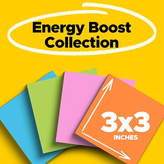 Post-it Super Sticky Notes, 24 Sticky Note Pads, 3 x 3 in., Ideal for Organization in Your Dorm, Home or Office, Energy Boost Collection