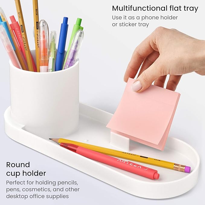 Arteza Office Desk Organizer, 11.3 x 4.1 x 3.8 inches, Modern Ivory Pen Holder with Phone Compartment, Desk Accessory for Stationery and Art Supplies