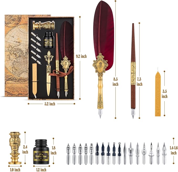 Hethrone Feather Pen and Ink Set - Quill Pens Calligraphy Pen Set Fountain Dip Pen