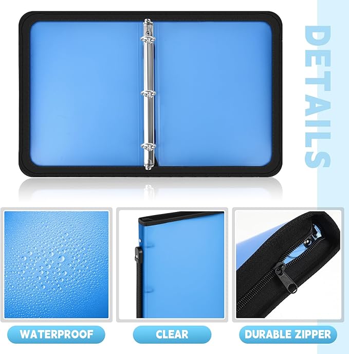 Teling 4 Pcs Plastic Zipper Binders with 3 Ring Zipper Binder, Refillable File Organizer Planner for Projects, Assignments, Memos, School Work (1 Inch,Blue)