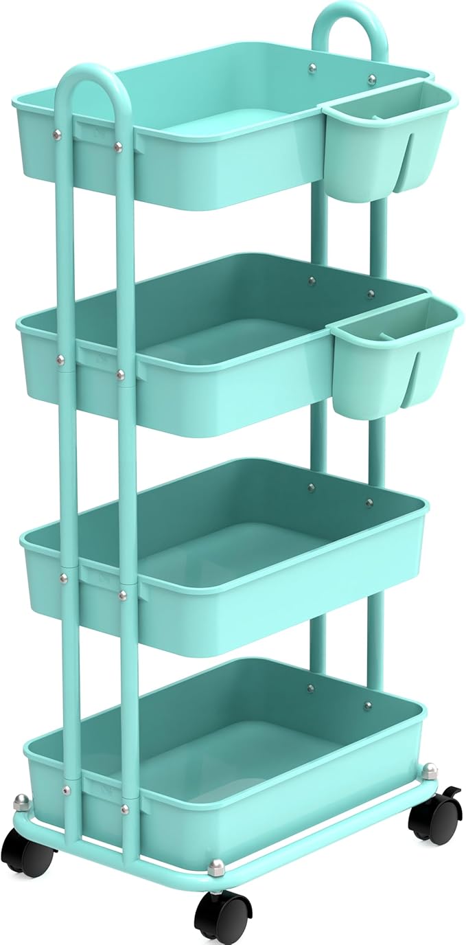 Simple Houseware 4-Tier Multifunctional Rolling Utility Cart with Hanging Buckets, Turquoise