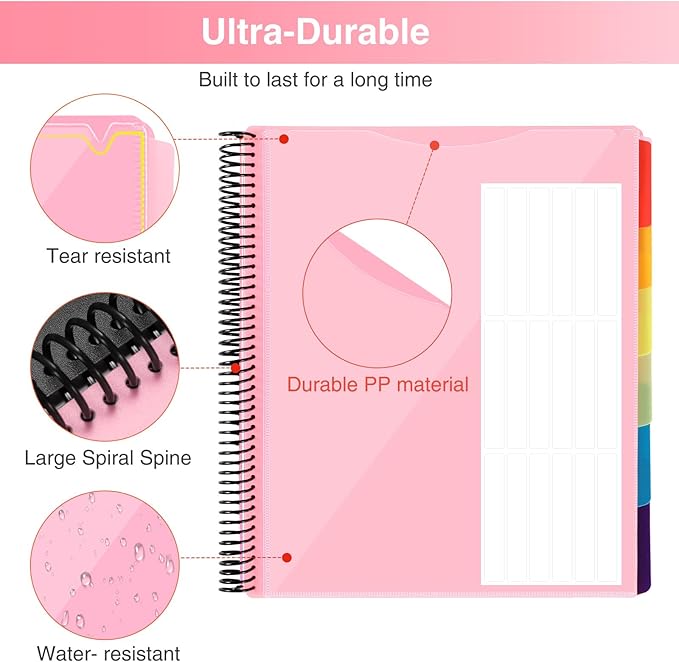 12 Pocket Project Organizer, Forvencer 1/6-cut Tab Binder Organizer with Sticky Labels, Multi Pocket Folder with Zipper Pouch, Folder Binder Spiral Pocket Notebook, Office Supplies, Letter Size, Blush