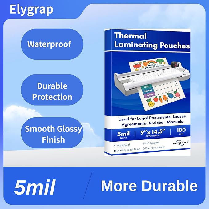 100 Pack 5Mil Legal Size Laminating Sheets 8.5"x14" (9x14.5) - Choise for Teachers and Officers-Thermal Pouches, Compatible with All Laminators for Documents/Cards/Photos