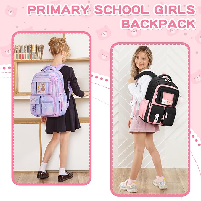 Kids Backpack for Girls School Bags for Middle School Students Book Bag for Elementary Primary Kawaii Ita Backpack, Black and Pink