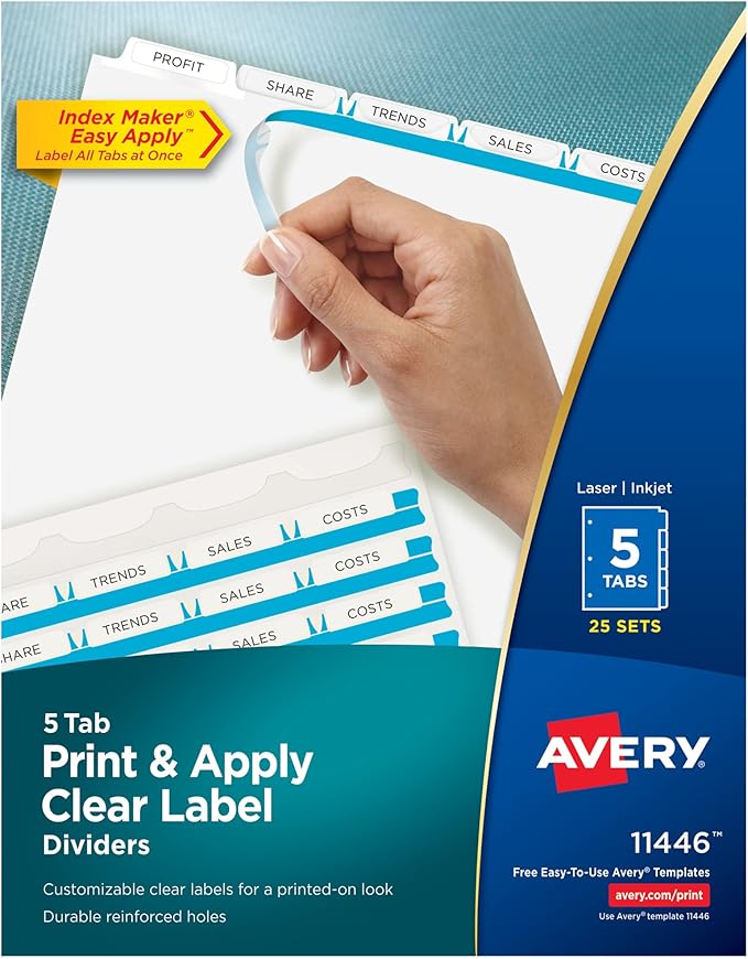 Avery 5 Tab Dividers for 3 Ring Binder, Easy Print & Apply Clear Label Strip, Index Maker Customizable White Tabs, 25 Sets (11446)