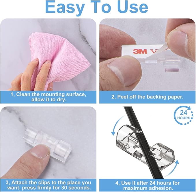 Adhesive Cable Clips Clear (40PCS, M), Upgraded Wire Holders for Wall, Strong Cord Organizer Under Desk, Car, PC, Christmas Light Indoor/Outdoor