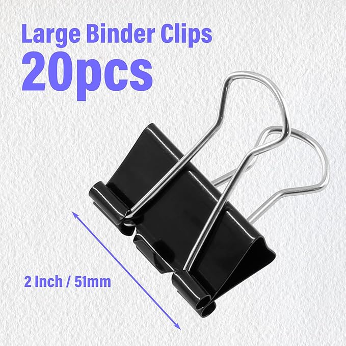 20 Pack Extra Large Binder Clips Black Paper Clips, 2 Inch / 51mm Huge Binder Clips Metal Paper Clamps Office Clips School Supplies, Mega Jumbo Binder Clips for Teachers Office School Home