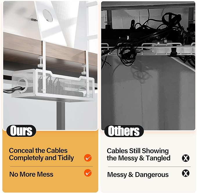 Under Desk Cable Management Tray White, Cinati Wire Organizers No Drill, Cable Tray with Clamp for Wire Management, Cord Organization Box for Office, Home - No Damage to Desk