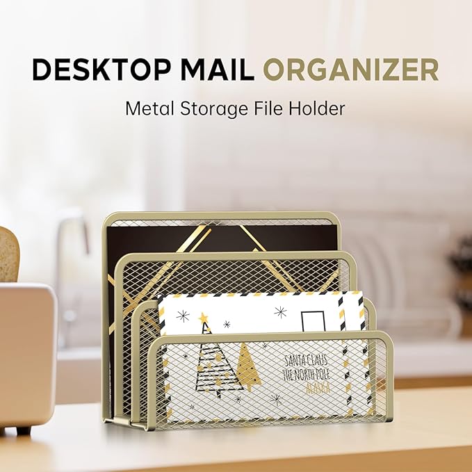 SUPEASY Mail Organizer for Desk, Mesh Metal Mail Holder Countertop with 3-Slot, Letter Sorter File Holder, Office Envelope Organizer for Mails (Yellow)