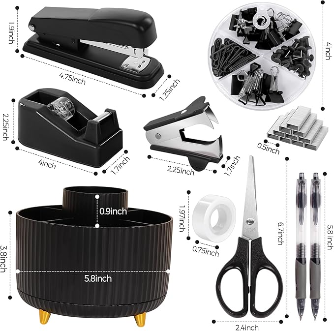 SKYDUE Black Office Supplies, Black Office Desk Accessories 10PCS, Pencil Holder for Desk, Stapler, Tape Dispenser, Scissors, Ruler, Clips and 1000pcs Staples, Desk Supplies Set